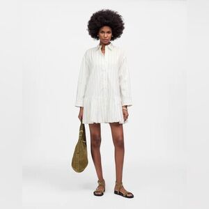 Madewell Bubble-Hem Mini Shirtdress in Pinstripe Poplin White Size Large NWT